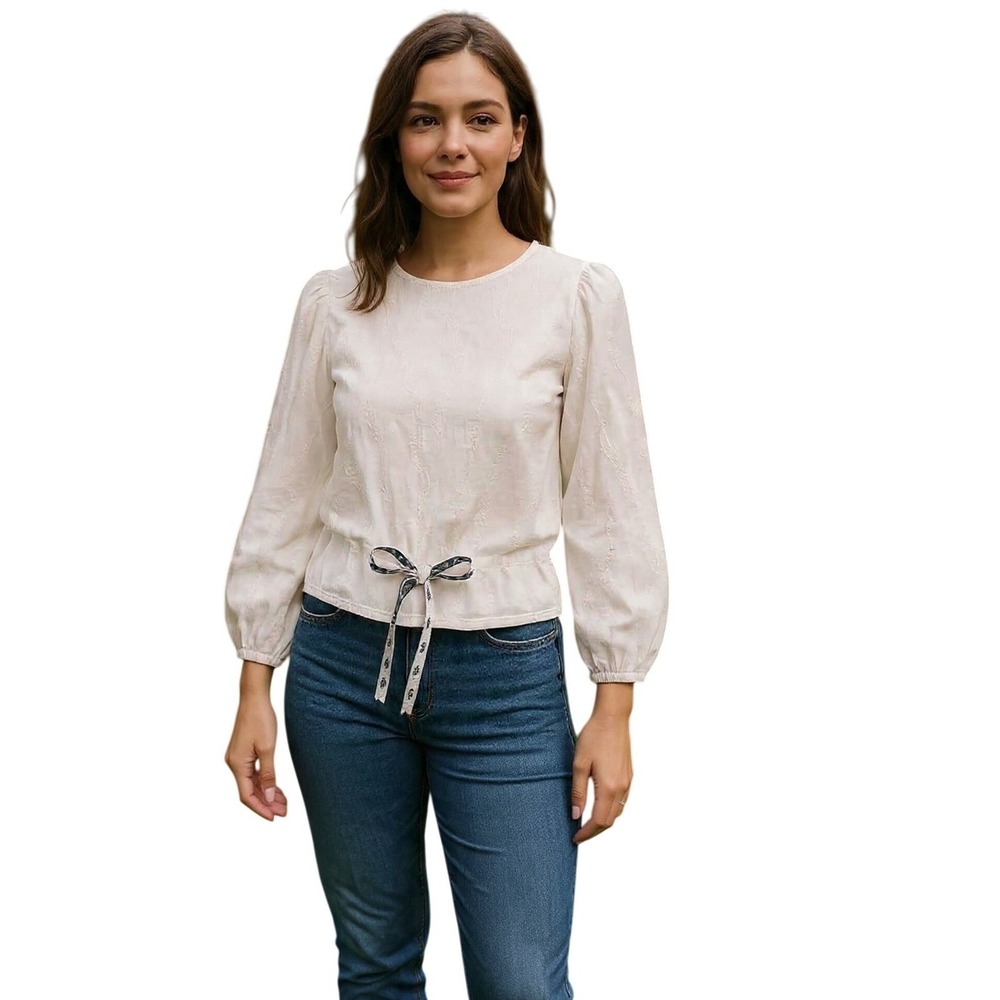 Karl Lagerfeld Paris Eyelet Eiffel Tower Blouse Long Sleeve White S Cotton‎ $110